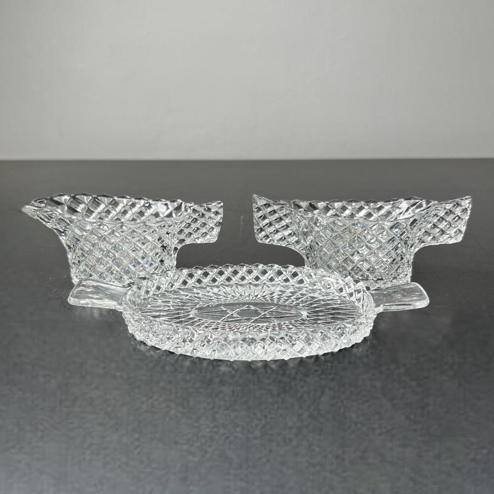 Mini Creamer & Sugar Clear Glass Cut Diamond Pattern Flat Handles‎ Japan